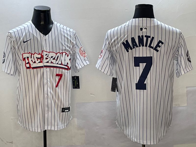 Men New York Yankees #7 Mantle White Stripe four generations Joint Name 2025 Nike MLB Jersey style 6->new york yankees->MLB Jersey